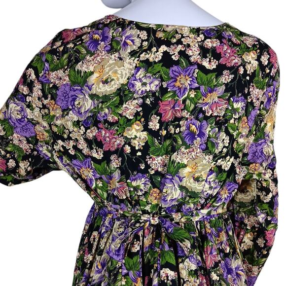 Vintage 90s Basics Floral Maxi Dress Large Long Sleeve Floral Print Purple Cream - Picture 9 of 10